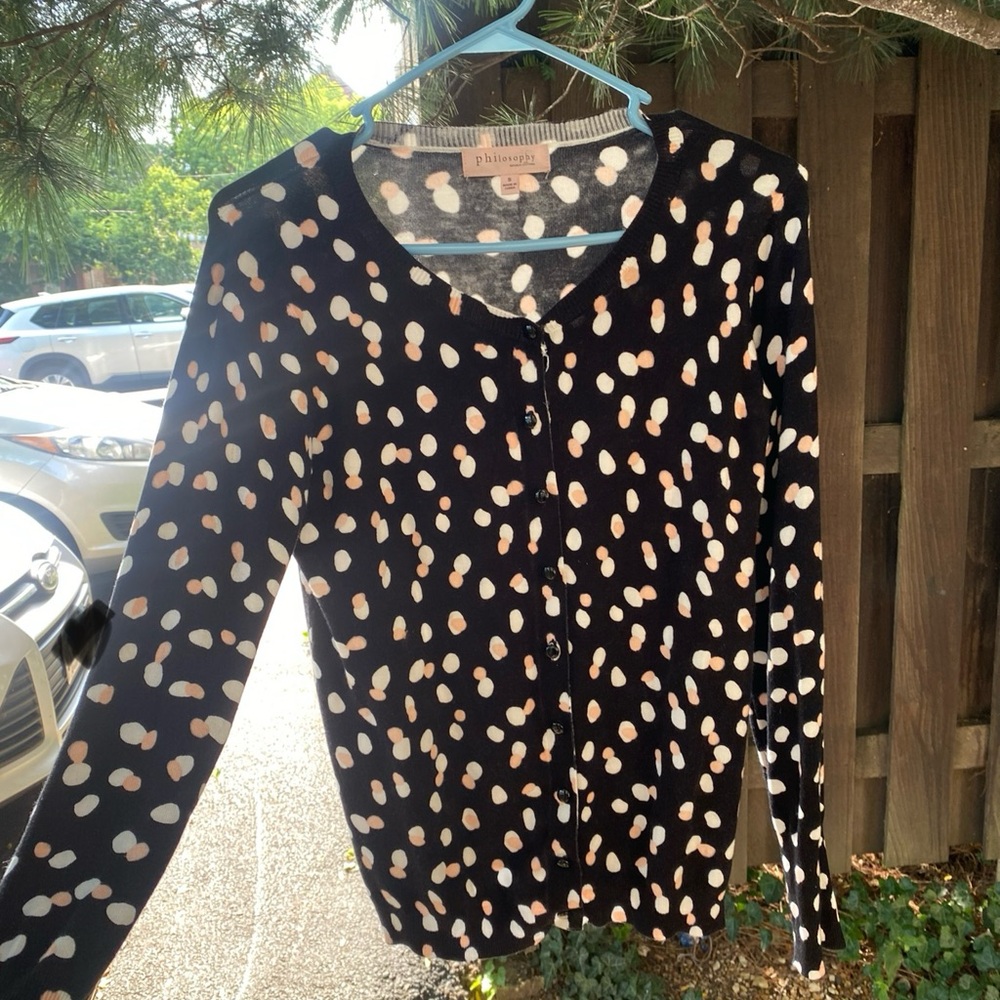 Philosophy Black Cardigan Sweater with Pink & White Polkadots